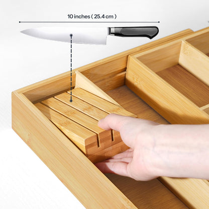 Large Silverware Organizer Kitchen Drawer Organizer, Magnetic Connected Expandable Utensil Organizer From 22.8 to 35.4 Inches, Bamboo 16 Slots Cutlery Tray with Knife Holder, Natural YL07TL01