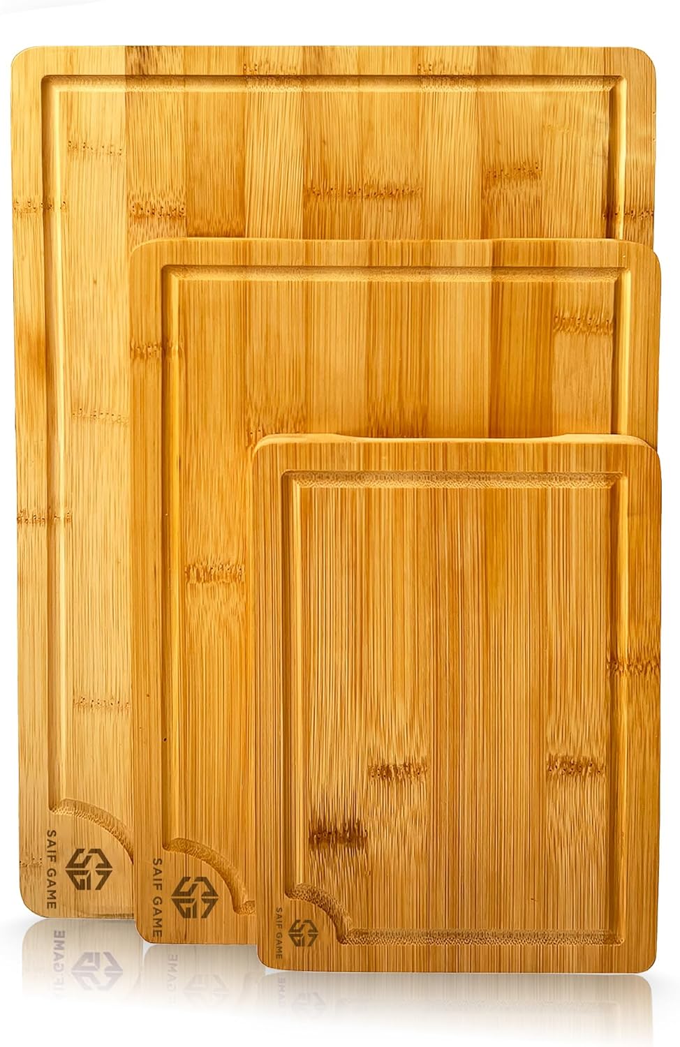 Bamboo Cutting Board Set of 3 | Juice Groove, Non-Slip Feet, Reversible Design, Natural Bamboo