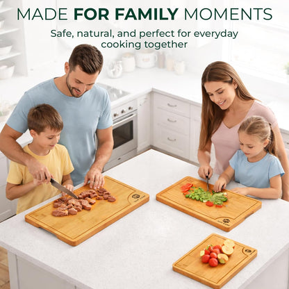 Bamboo Cutting Board Set of 3 | Juice Groove, Non-Slip Feet, Reversible Design, Natural Bamboo