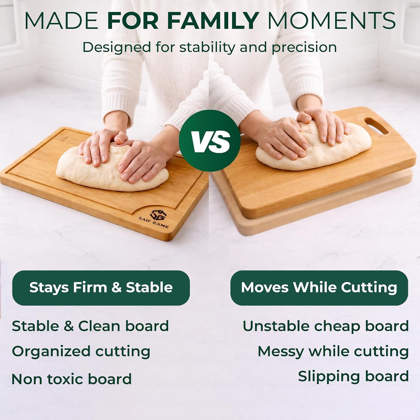 Bamboo Cutting Board Set of 3 | Juice Groove, Non-Slip Feet, Reversible Design, Natural Bamboo