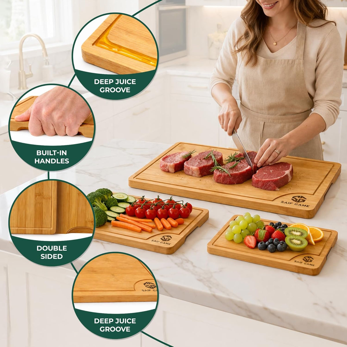 Bamboo Cutting Board Set of 3 | Juice Groove, Non-Slip Feet, Reversible Design, Natural Bamboo