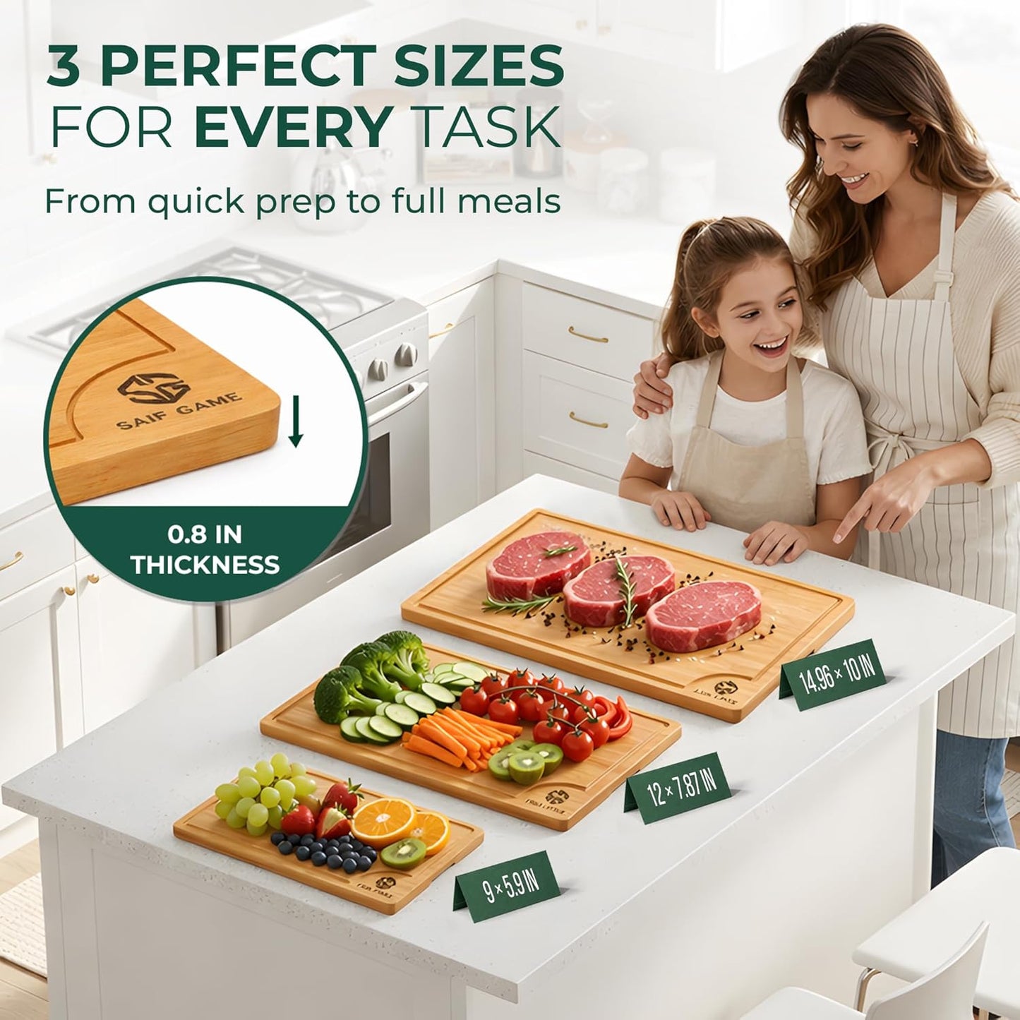 Bamboo Cutting Board Set of 3 | Juice Groove, Non-Slip Feet, Reversible Design, Natural Bamboo