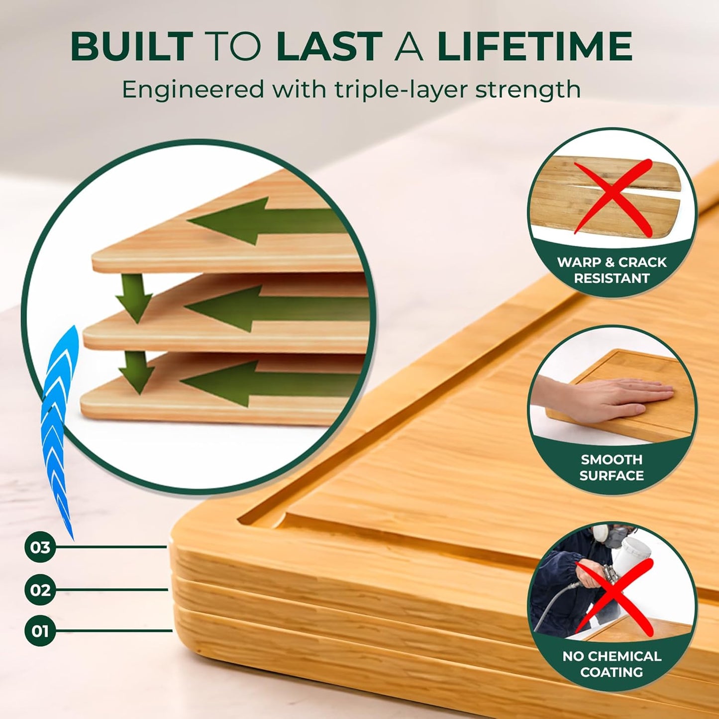 Bamboo Cutting Board Set of 3 | Juice Groove, Non-Slip Feet, Reversible Design, Natural Bamboo