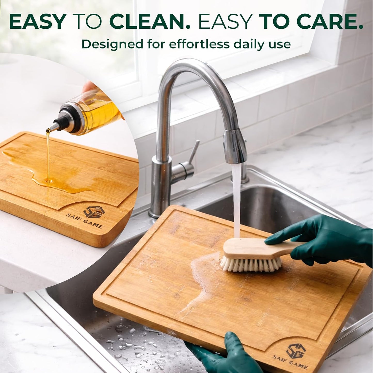 Bamboo Cutting Board Set of 3 | Juice Groove, Non-Slip Feet, Reversible Design, Natural Bamboo