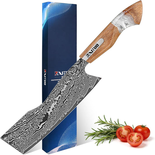7 inch Nakiri Knife,VG10 Damascus Steel Japanese Chef Knife, Ultra Sharp Asian Vegetable Cleaver with Stabilized Wood & Clear Resin Handle - Gift Box
