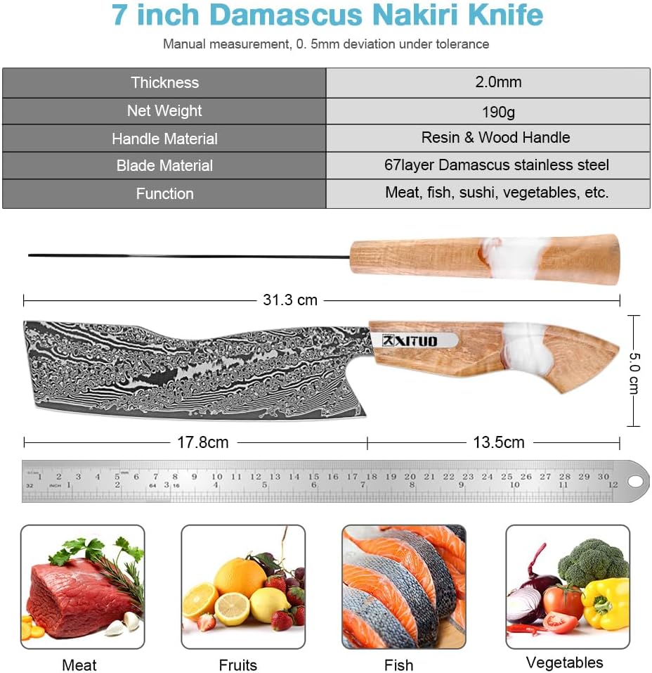7 inch Nakiri Knife,VG10 Damascus Steel Japanese Chef Knife, Ultra Sharp Asian Vegetable Cleaver with Stabilized Wood & Clear Resin Handle - Gift Box