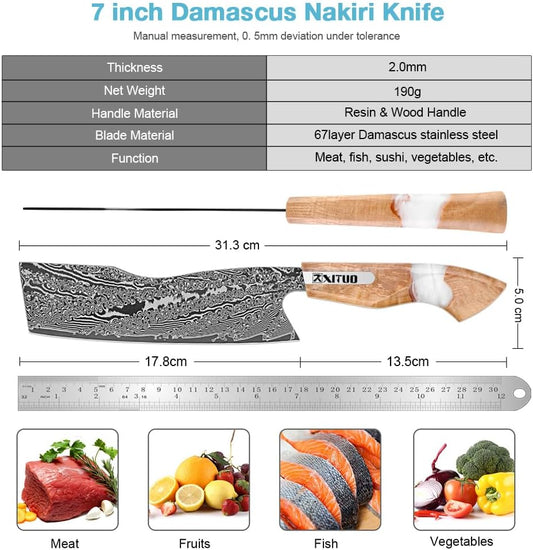 7 inch Nakiri Knife,VG10 Damascus Steel Japanese Chef Knife, Ultra Sharp Asian Vegetable Cleaver with Stabilized Wood & Clear Resin Handle - Gift Box