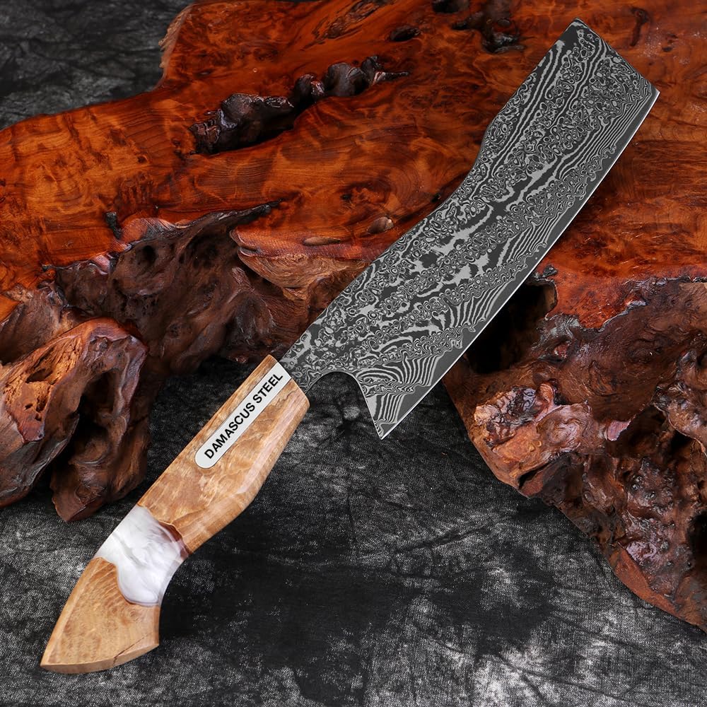 7 inch Nakiri Knife,VG10 Damascus Steel Japanese Chef Knife, Ultra Sharp Asian Vegetable Cleaver with Stabilized Wood & Clear Resin Handle - Gift Box