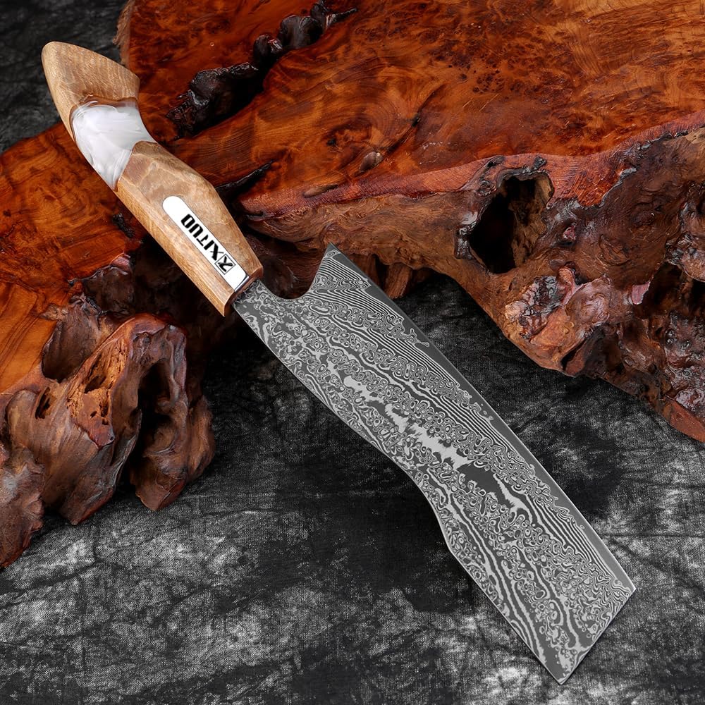 7 inch Nakiri Knife,VG10 Damascus Steel Japanese Chef Knife, Ultra Sharp Asian Vegetable Cleaver with Stabilized Wood & Clear Resin Handle - Gift Box