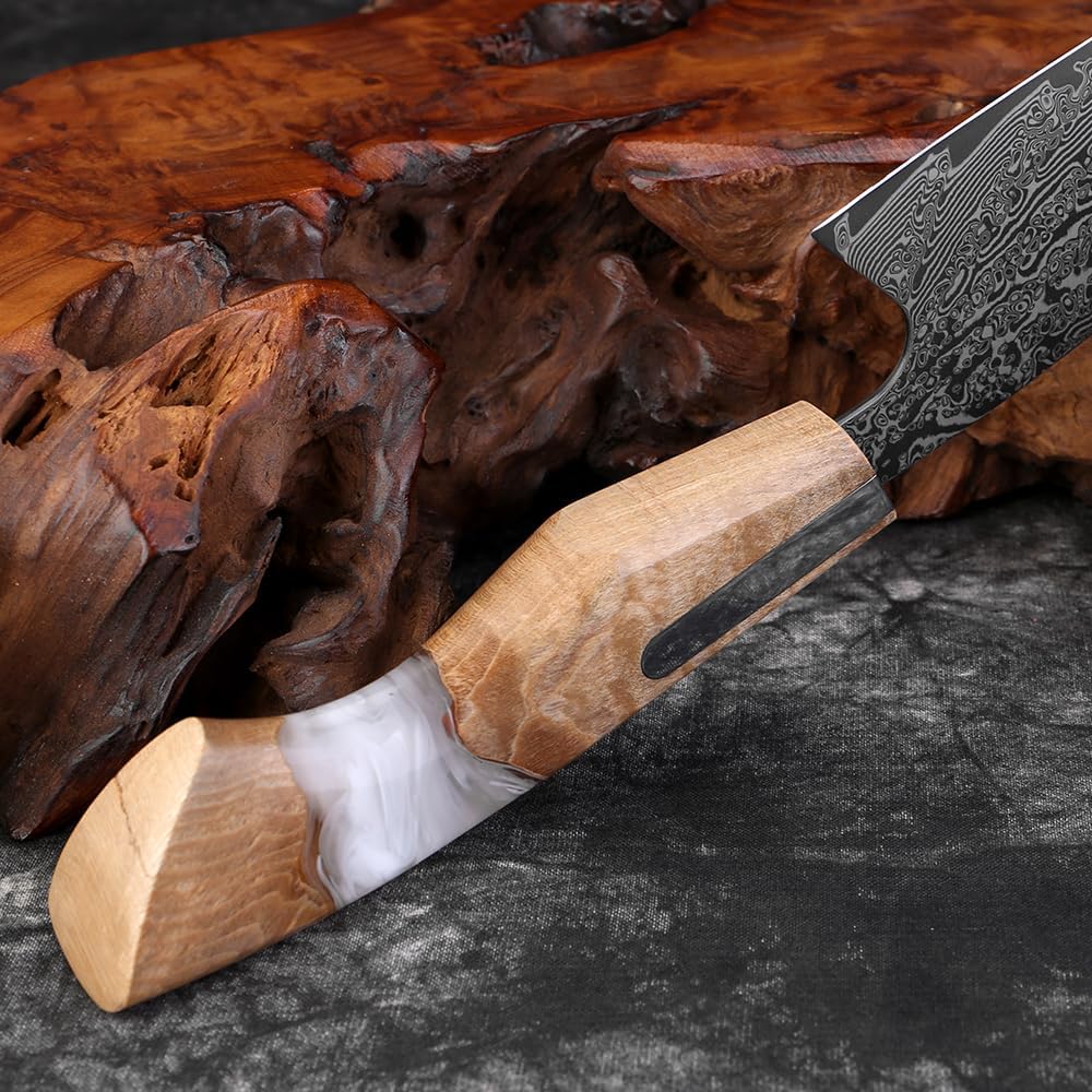 7 inch Nakiri Knife,VG10 Damascus Steel Japanese Chef Knife, Ultra Sharp Asian Vegetable Cleaver with Stabilized Wood & Clear Resin Handle - Gift Box