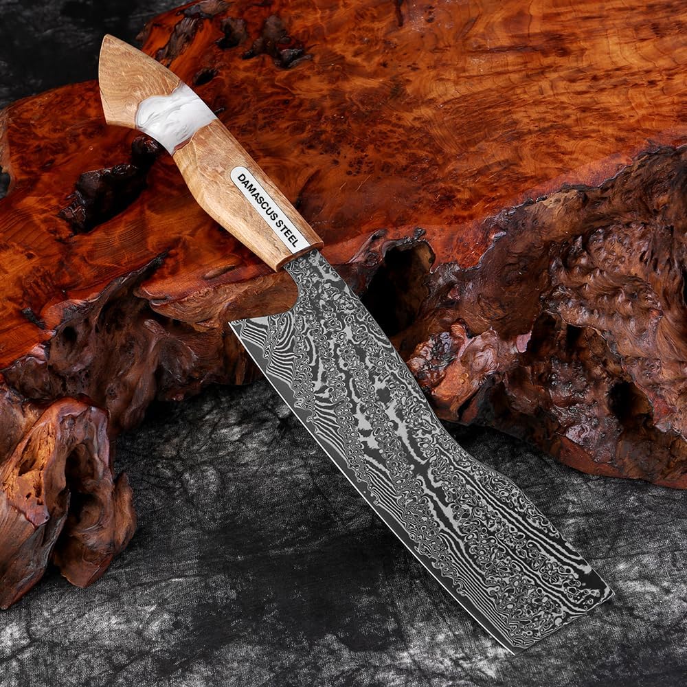 7 inch Nakiri Knife,VG10 Damascus Steel Japanese Chef Knife, Ultra Sharp Asian Vegetable Cleaver with Stabilized Wood & Clear Resin Handle - Gift Box