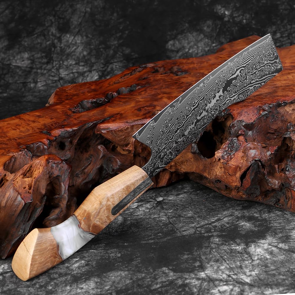 7 inch Nakiri Knife,VG10 Damascus Steel Japanese Chef Knife, Ultra Sharp Asian Vegetable Cleaver with Stabilized Wood & Clear Resin Handle - Gift Box