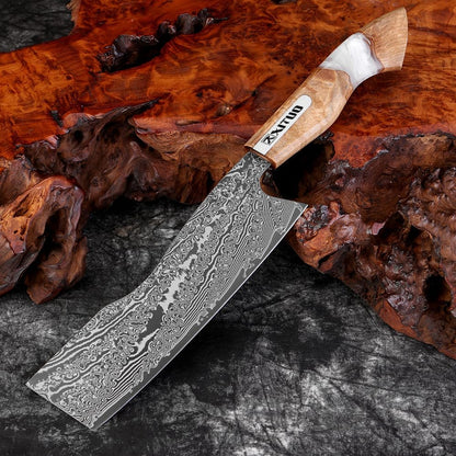 7 inch Nakiri Knife,VG10 Damascus Steel Japanese Chef Knife, Ultra Sharp Asian Vegetable Cleaver with Stabilized Wood & Clear Resin Handle - Gift Box