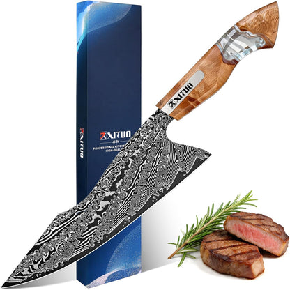 7 inch Nakiri Knife,VG10 Damascus Steel Japanese Chef Knife, Ultra Sharp Asian Vegetable Cleaver with Stabilized Wood & Clear Resin Handle - Gift Box