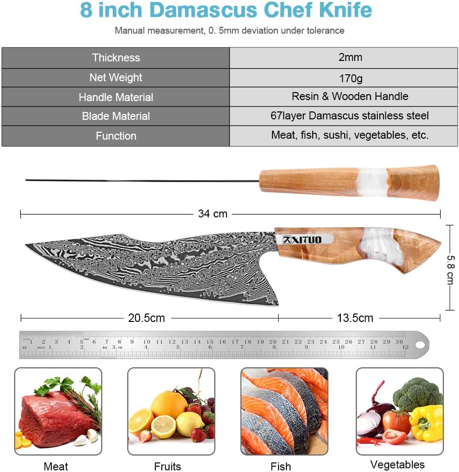 7 inch Nakiri Knife,VG10 Damascus Steel Japanese Chef Knife, Ultra Sharp Asian Vegetable Cleaver with Stabilized Wood & Clear Resin Handle - Gift Box