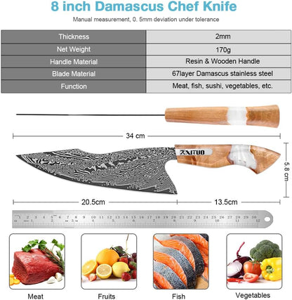 7 inch Nakiri Knife,VG10 Damascus Steel Japanese Chef Knife, Ultra Sharp Asian Vegetable Cleaver with Stabilized Wood & Clear Resin Handle - Gift Box