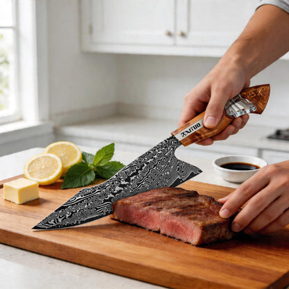 7 inch Nakiri Knife,VG10 Damascus Steel Japanese Chef Knife, Ultra Sharp Asian Vegetable Cleaver with Stabilized Wood & Clear Resin Handle - Gift Box