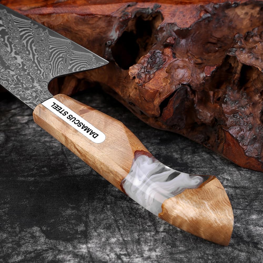 7 inch Nakiri Knife,VG10 Damascus Steel Japanese Chef Knife, Ultra Sharp Asian Vegetable Cleaver with Stabilized Wood & Clear Resin Handle - Gift Box