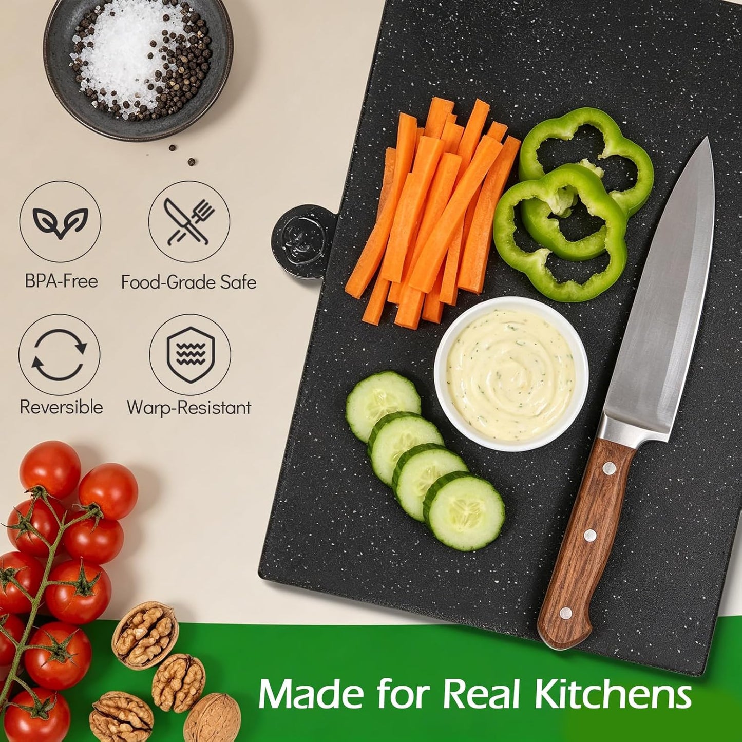 Plastic Cutting Boards for Kitchen, Set of 4 Color Coded Chopping Boards with Storage Stand & Juice Grooves, Dishwasher Safe, Heat Resistant Meat and Bread Boards with Easy-Grip Handles