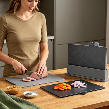 Plastic Cutting Boards for Kitchen, Set of 4 Color Coded Chopping Boards with Storage Stand & Juice Grooves, Dishwasher Safe, Heat Resistant Meat and Bread Boards with Easy-Grip Handles