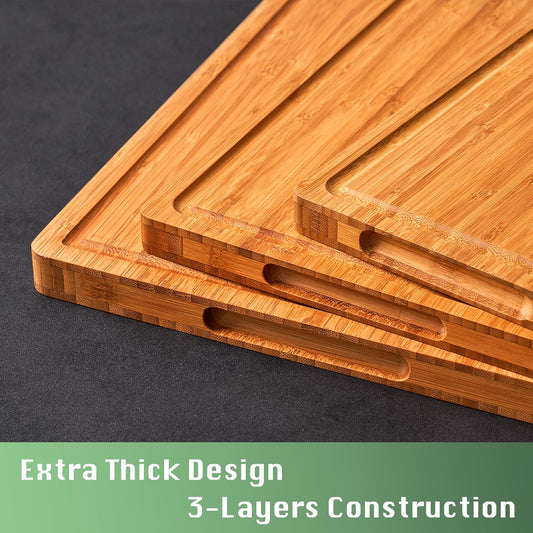 Bamboo Wood Cutting Board for Kitchen, 1" Thick Butcher Block, Cheese Charcuterie Board, with Side Handles and Juice Grooves, 16x11"