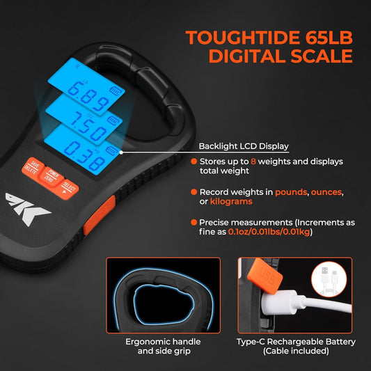 ToughTide Fishing Scale, USB Charging, 65lb Capacity, Ultra-Thin Digital Fish Scale, LCD Display, Ergonomic Handle, Fish Scales Digital Weight, Fishing Accessories for Men