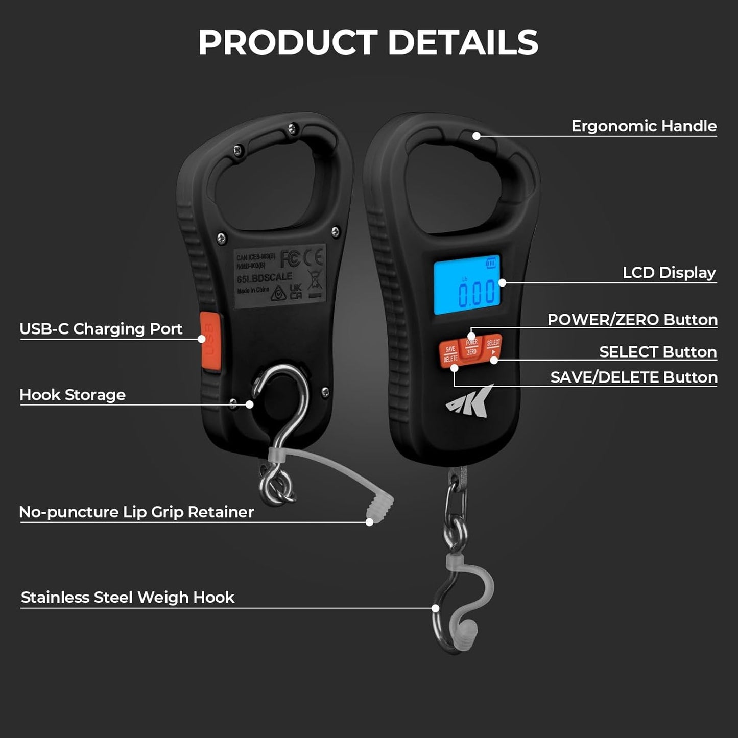 ToughTide Fishing Scale, USB Charging, 65lb Capacity, Ultra-Thin Digital Fish Scale, LCD Display, Ergonomic Handle, Fish Scales Digital Weight, Fishing Accessories for Men
