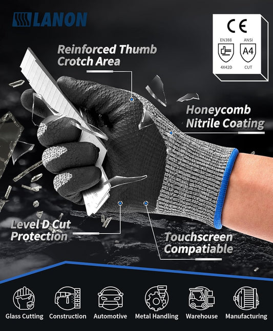 LANON Cut Resistant Gloves, Knife Protection Level D, Nitrile Coating with Honey Comb Pattern, ANSI A4 Cut Work Gloves, Reinforced Thumbs, 3D Comfort Fit, Breathable, Mechanical, Touchscreen,Small