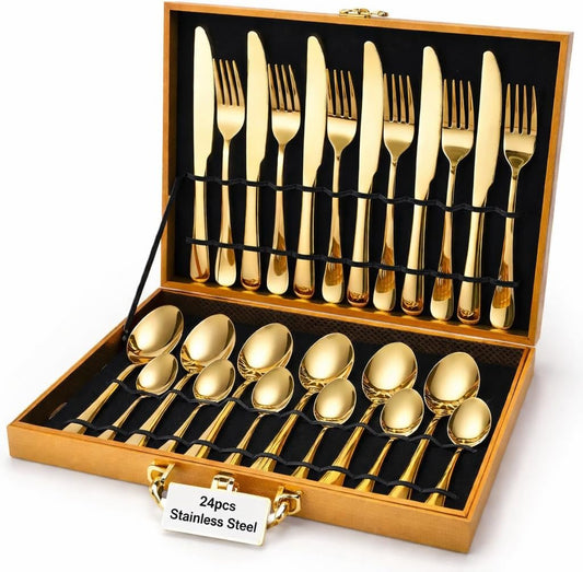 24-Piece Gold Silverware Set for 6 with Wooden Storage Case, Stainless Steel 410 (18/0) Flatware Set, Mirror Polish Heavy Duty Cutlery Set – Knives, Forks, Spoons & Teaspoons, Dishwasher Safe