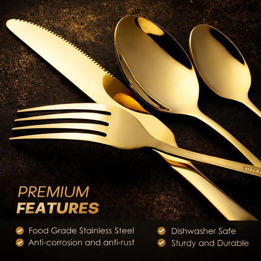 24-Piece Gold Silverware Set for 6 with Wooden Storage Case, Stainless Steel 410 (18/0) Flatware Set, Mirror Polish Heavy Duty Cutlery Set – Knives, Forks, Spoons & Teaspoons, Dishwasher Safe