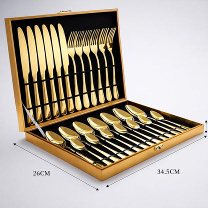 24-Piece Gold Silverware Set for 6 with Wooden Storage Case, Stainless Steel 410 (18/0) Flatware Set, Mirror Polish Heavy Duty Cutlery Set – Knives, Forks, Spoons & Teaspoons, Dishwasher Safe