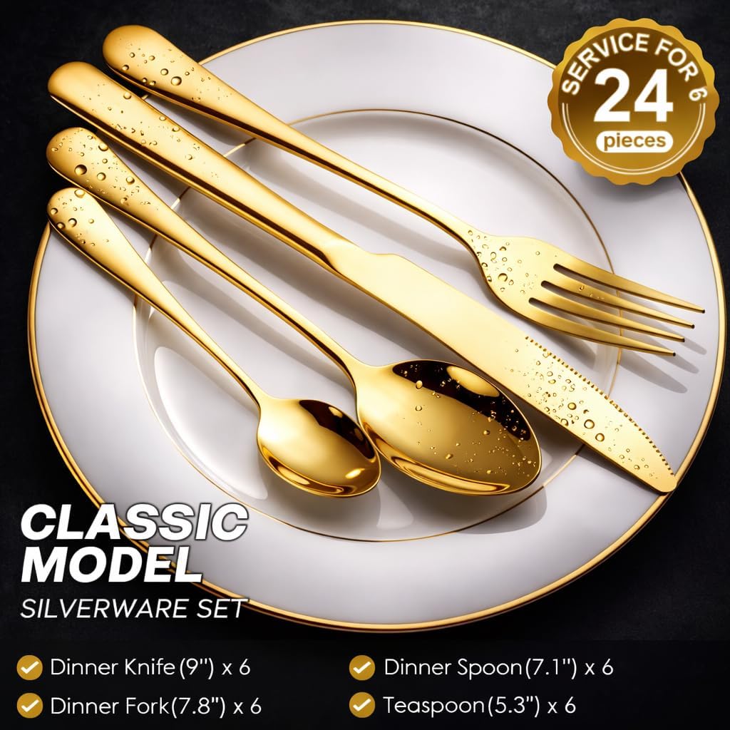 24-Piece Gold Silverware Set for 6 with Wooden Storage Case, Stainless Steel 410 (18/0) Flatware Set, Mirror Polish Heavy Duty Cutlery Set – Knives, Forks, Spoons & Teaspoons, Dishwasher Safe