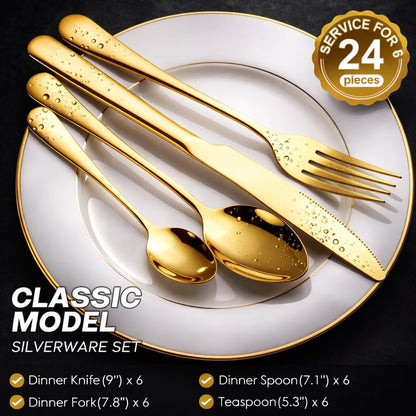 24-Piece Gold Silverware Set for 6 with Wooden Storage Case, Stainless Steel 410 (18/0) Flatware Set, Mirror Polish Heavy Duty Cutlery Set – Knives, Forks, Spoons & Teaspoons, Dishwasher Safe