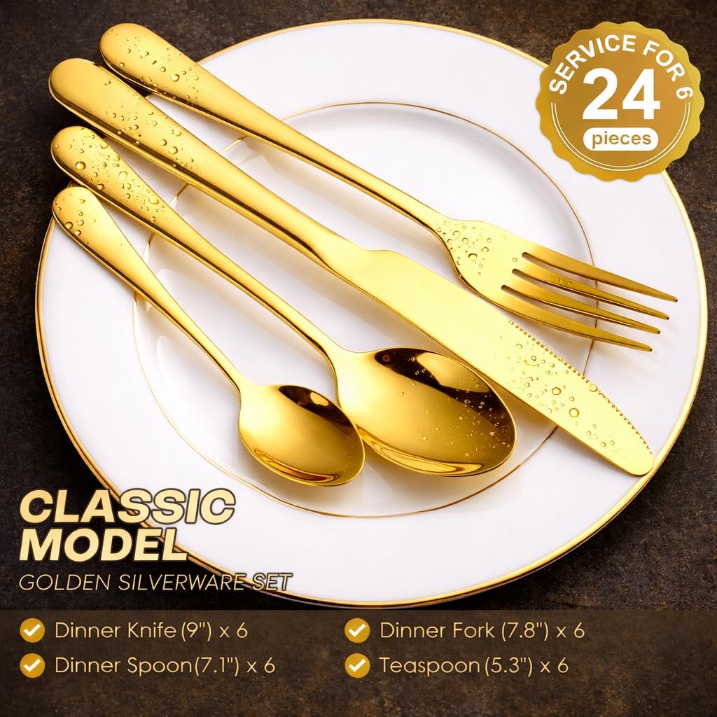 24-Piece Gold Silverware Set for 6 with Wooden Storage Case, Stainless Steel 410 (18/0) Flatware Set, Mirror Polish Heavy Duty Cutlery Set – Knives, Forks, Spoons & Teaspoons, Dishwasher Safe