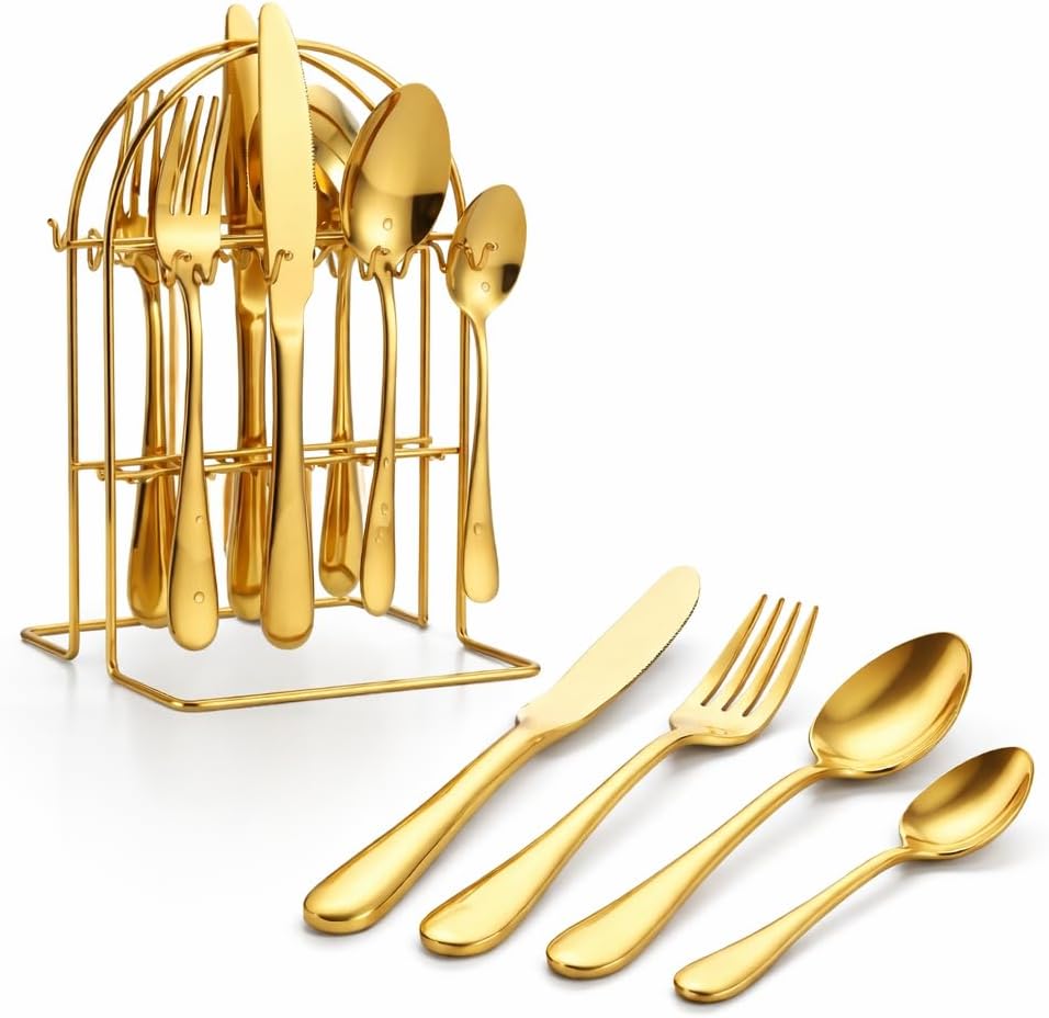 24-Piece Gold Silverware Set for 6 with Wooden Storage Case, Stainless Steel 410 (18/0) Flatware Set, Mirror Polish Heavy Duty Cutlery Set – Knives, Forks, Spoons & Teaspoons, Dishwasher Safe