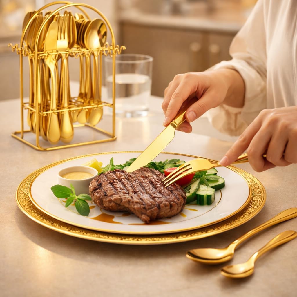 24-Piece Gold Silverware Set for 6 with Wooden Storage Case, Stainless Steel 410 (18/0) Flatware Set, Mirror Polish Heavy Duty Cutlery Set – Knives, Forks, Spoons & Teaspoons, Dishwasher Safe