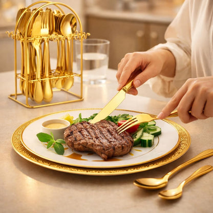 24-Piece Gold Silverware Set for 6 with Wooden Storage Case, Stainless Steel 410 (18/0) Flatware Set, Mirror Polish Heavy Duty Cutlery Set – Knives, Forks, Spoons & Teaspoons, Dishwasher Safe