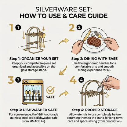 24-Piece Gold Silverware Set for 6 with Wooden Storage Case, Stainless Steel 410 (18/0) Flatware Set, Mirror Polish Heavy Duty Cutlery Set – Knives, Forks, Spoons & Teaspoons, Dishwasher Safe