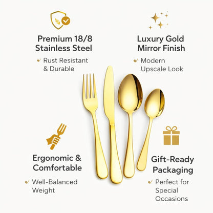 24-Piece Gold Silverware Set for 6 with Wooden Storage Case, Stainless Steel 410 (18/0) Flatware Set, Mirror Polish Heavy Duty Cutlery Set – Knives, Forks, Spoons & Teaspoons, Dishwasher Safe