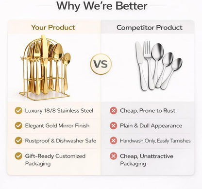 24-Piece Gold Silverware Set for 6 with Wooden Storage Case, Stainless Steel 410 (18/0) Flatware Set, Mirror Polish Heavy Duty Cutlery Set – Knives, Forks, Spoons & Teaspoons, Dishwasher Safe