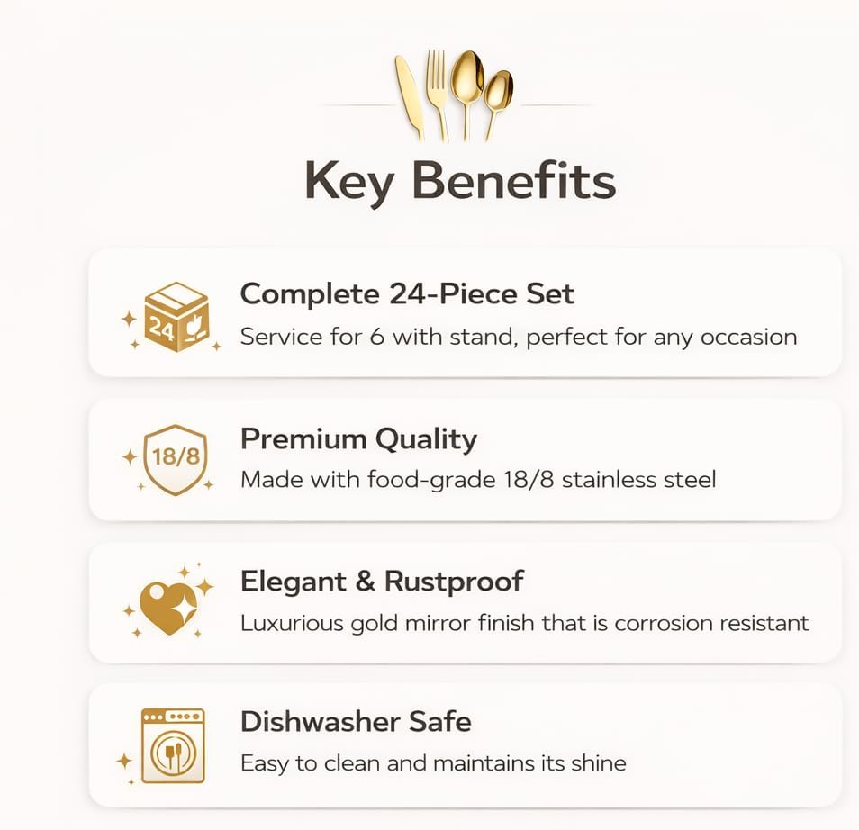 24-Piece Gold Silverware Set for 6 with Wooden Storage Case, Stainless Steel 410 (18/0) Flatware Set, Mirror Polish Heavy Duty Cutlery Set – Knives, Forks, Spoons & Teaspoons, Dishwasher Safe