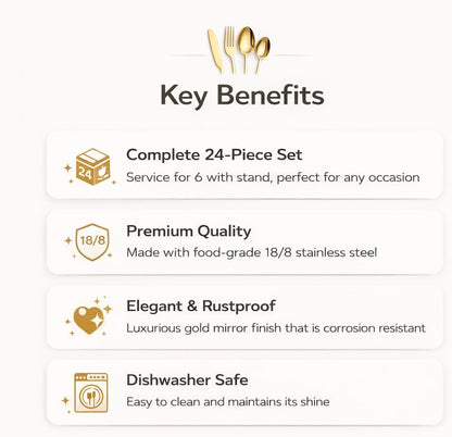 24-Piece Gold Silverware Set for 6 with Wooden Storage Case, Stainless Steel 410 (18/0) Flatware Set, Mirror Polish Heavy Duty Cutlery Set – Knives, Forks, Spoons & Teaspoons, Dishwasher Safe