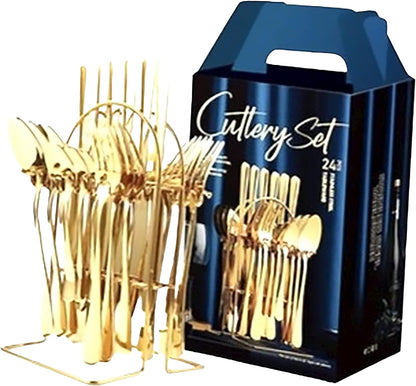 24-Piece Gold Silverware Set for 6 with Wooden Storage Case, Stainless Steel 410 (18/0) Flatware Set, Mirror Polish Heavy Duty Cutlery Set – Knives, Forks, Spoons & Teaspoons, Dishwasher Safe
