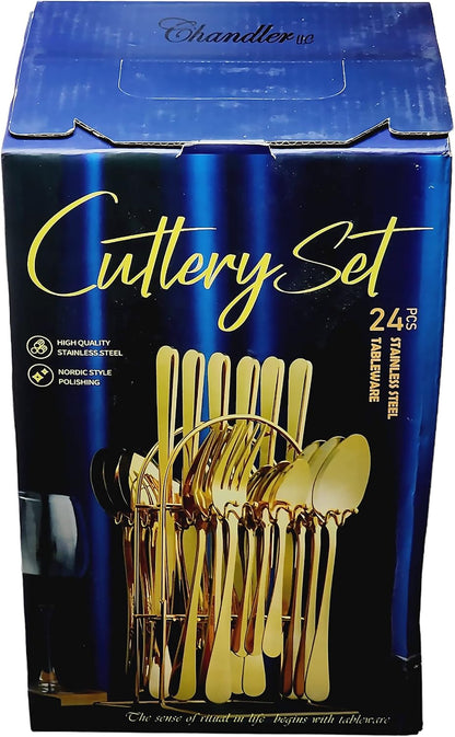24-Piece Gold Silverware Set for 6 with Wooden Storage Case, Stainless Steel 410 (18/0) Flatware Set, Mirror Polish Heavy Duty Cutlery Set – Knives, Forks, Spoons & Teaspoons, Dishwasher Safe