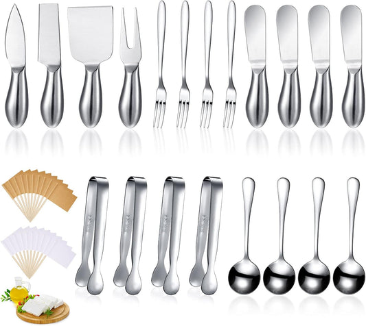 Charcuterie Board Accessories Cheese Spreader Knife Set Charcuterie Utensils Butter Knife Stainless Steel Mini Serving Tongs Spoons Appetizer Forks for Pastry(Silver,20 Pieces)