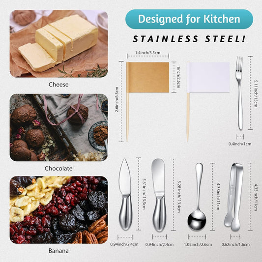 Charcuterie Board Accessories Cheese Spreader Knife Set Charcuterie Utensils Butter Knife Stainless Steel Mini Serving Tongs Spoons Appetizer Forks for Pastry(Silver,20 Pieces)