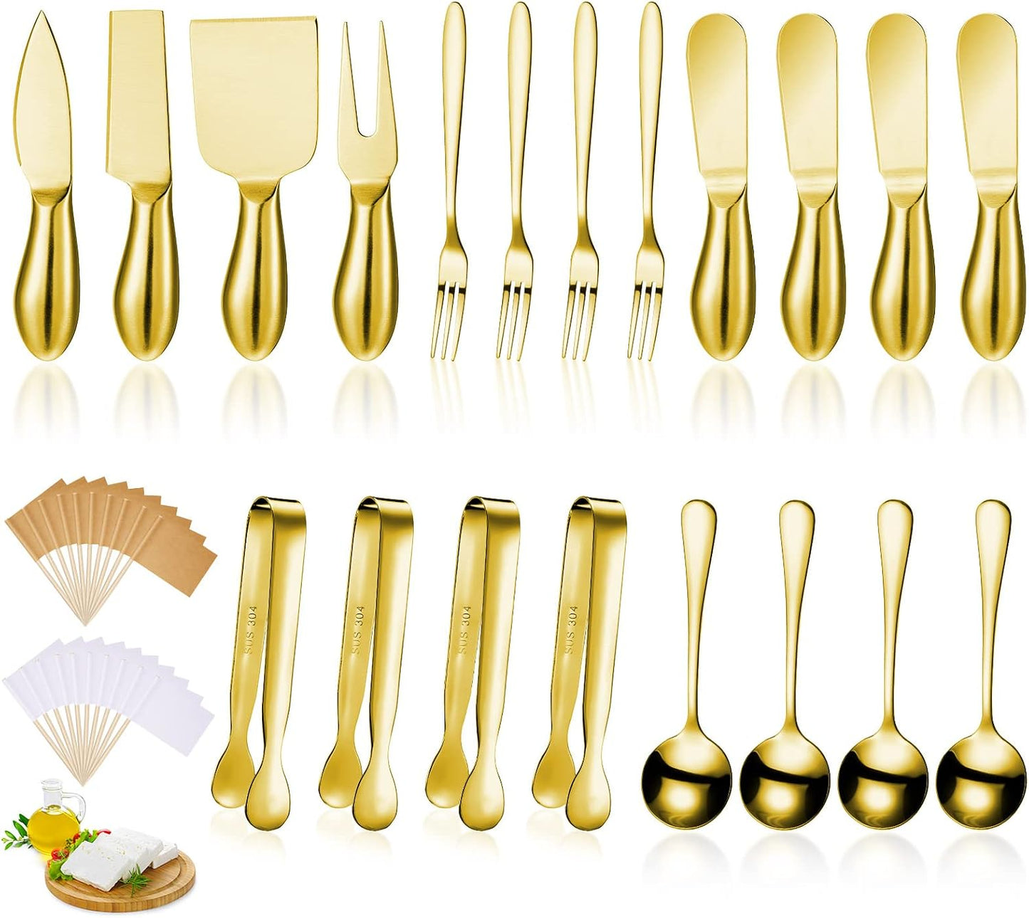 Charcuterie Board Accessories Cheese Spreader Knife Set Charcuterie Utensils Butter Knife Stainless Steel Mini Serving Tongs Spoons Appetizer Forks for Pastry(Silver,20 Pieces)