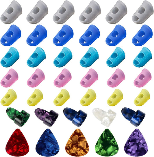 30pcs Silicone Guitar Finger Guards 5 Sizes Fingertip Protectors | Finger Covers Caps, With picks, For Acoustic Stringed Instruments Players, Sew Embroidery Use, Anti Slip Pain Relief
