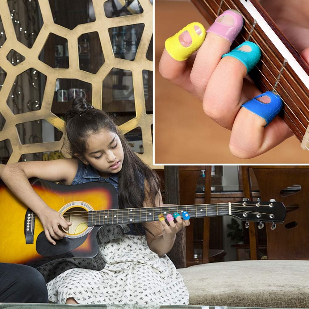 30pcs Silicone Guitar Finger Guards 5 Sizes Fingertip Protectors | Finger Covers Caps, With picks, For Acoustic Stringed Instruments Players, Sew Embroidery Use, Anti Slip Pain Relief