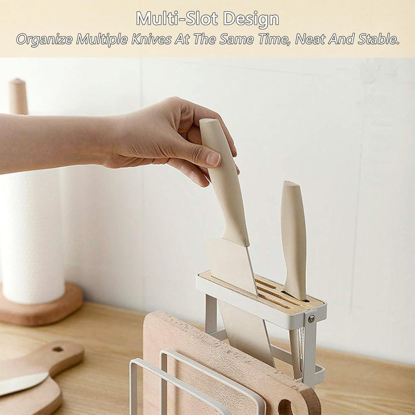 Knife Holder, Caliamary Kitchen Cabinet Knife Holder without Knives, Universal Metal Knife Block Cutting Board Organizer, Kitchen Storage Organizer. (White)